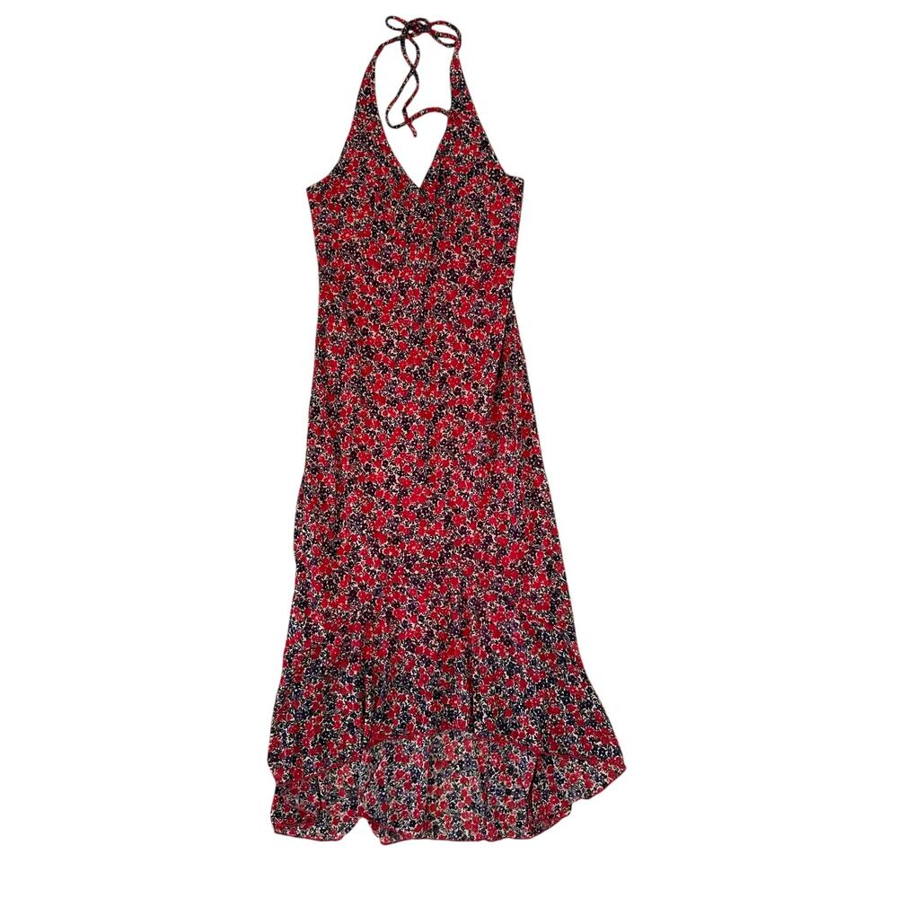 Y2K Dainty Floral V-Neck Halter High Low Midi Dress Red Black Size